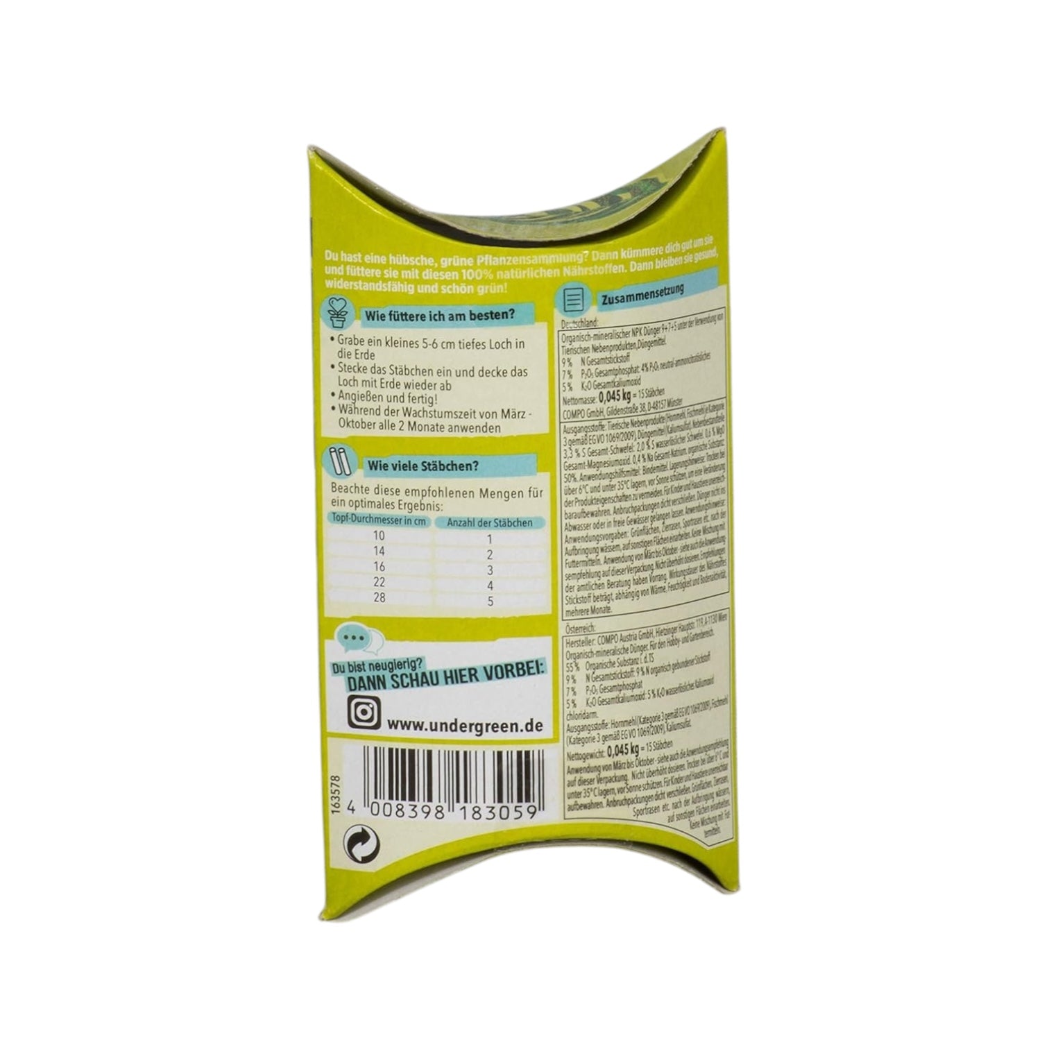Undergreen by COMPO Jungle Fever, Dünger, Nährstoffstäbchen für Grünpflanzen, Bio-Düngestäbchen, 15 Stück