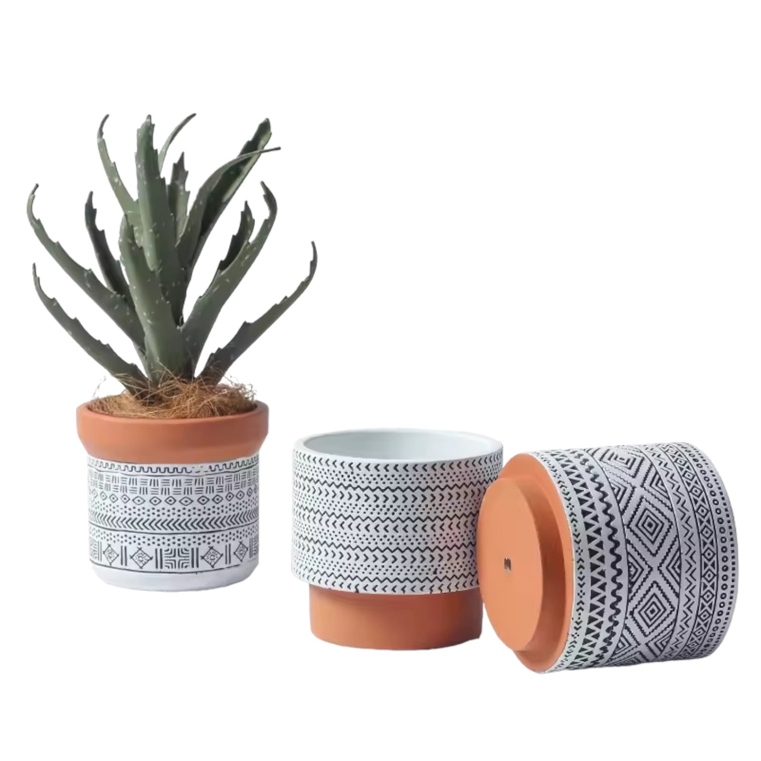 BOHO AURA – Blumentopf, Terracotta-Schwarz-Weiß, Ø 13,5 cm, handgefertigt