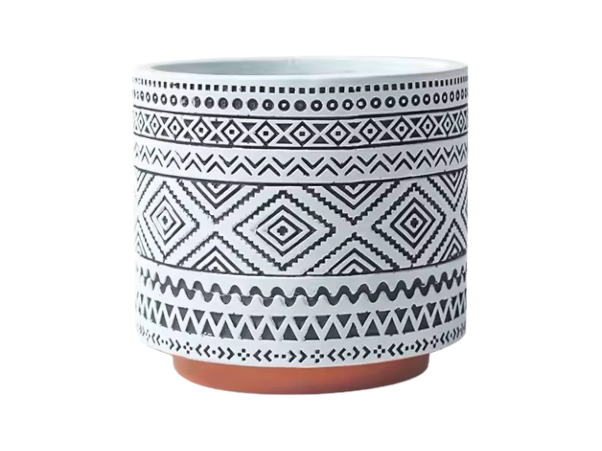 BOHO TERRA – Blumentopf für Innen- und Außenbereiche, Zement, Terracotta-Schwarz-Weiß, Ø 13,5 cm, handgefertigt