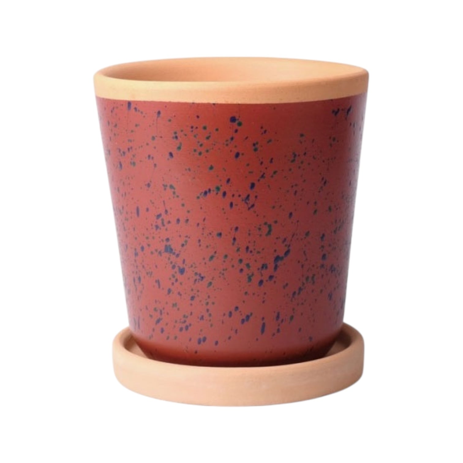 ODEMIRO – Blumentopf, handbemalter Ton, Terrakotta gesprenkelt, Ø 15 cm, mit Untersetzer