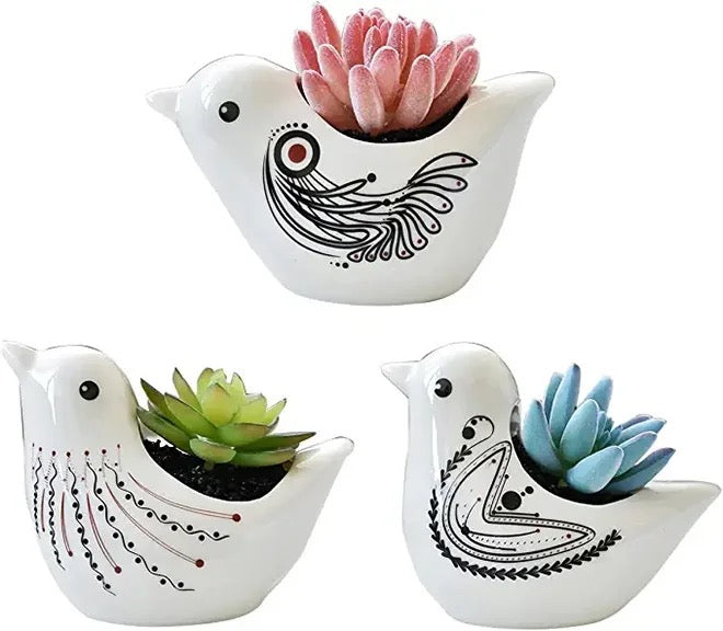 PLANTBIRDS – Blumentopf für Innenbereiche, Keramik, Weiß mit Tribal-Mustern, Ø 10 cm, Vogelform mit Drainageloch