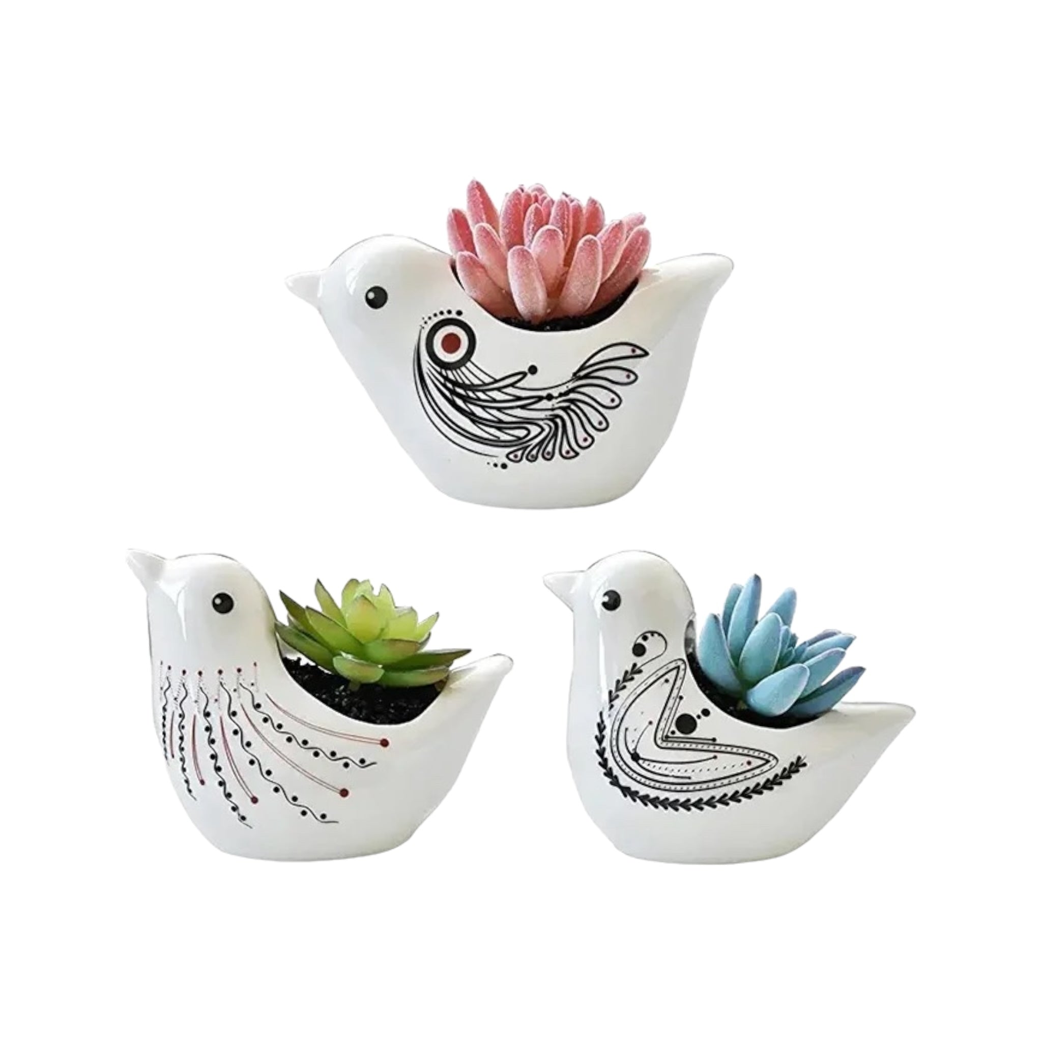 PLANTBIRDS – Blumentopf für Innenbereiche, Keramik, Weiß mit Tribal-Mustern, Ø 10 cm, Vogelform mit Drainageloch