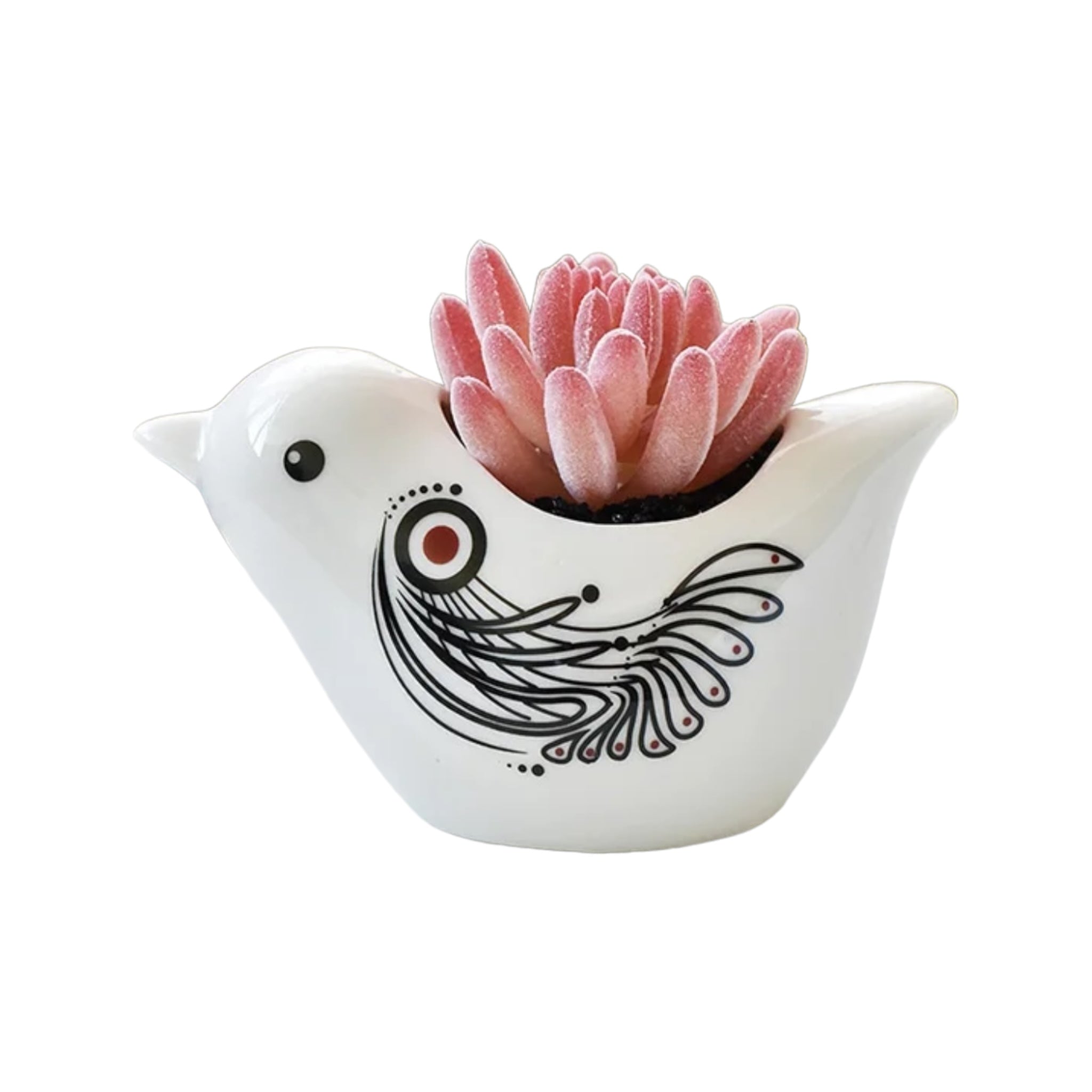 PLANTBIRDS – Blumentopf für Innenbereiche, Keramik, Weiß mit Tribal-Mustern, Ø 10 cm, Vogelform mit Drainageloch