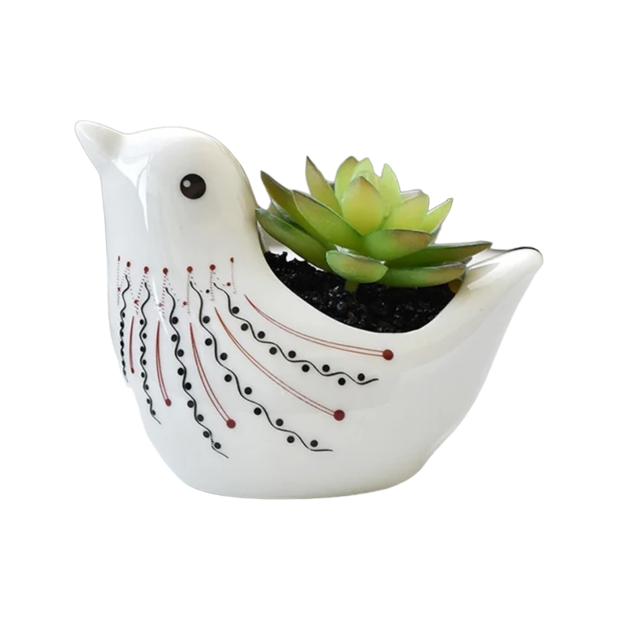 PLANTBIRDS – Blumentopf für Innenbereiche, Keramik, Weiß mit Tribal-Mustern, Ø 10 cm, Vogelform mit Drainageloch
