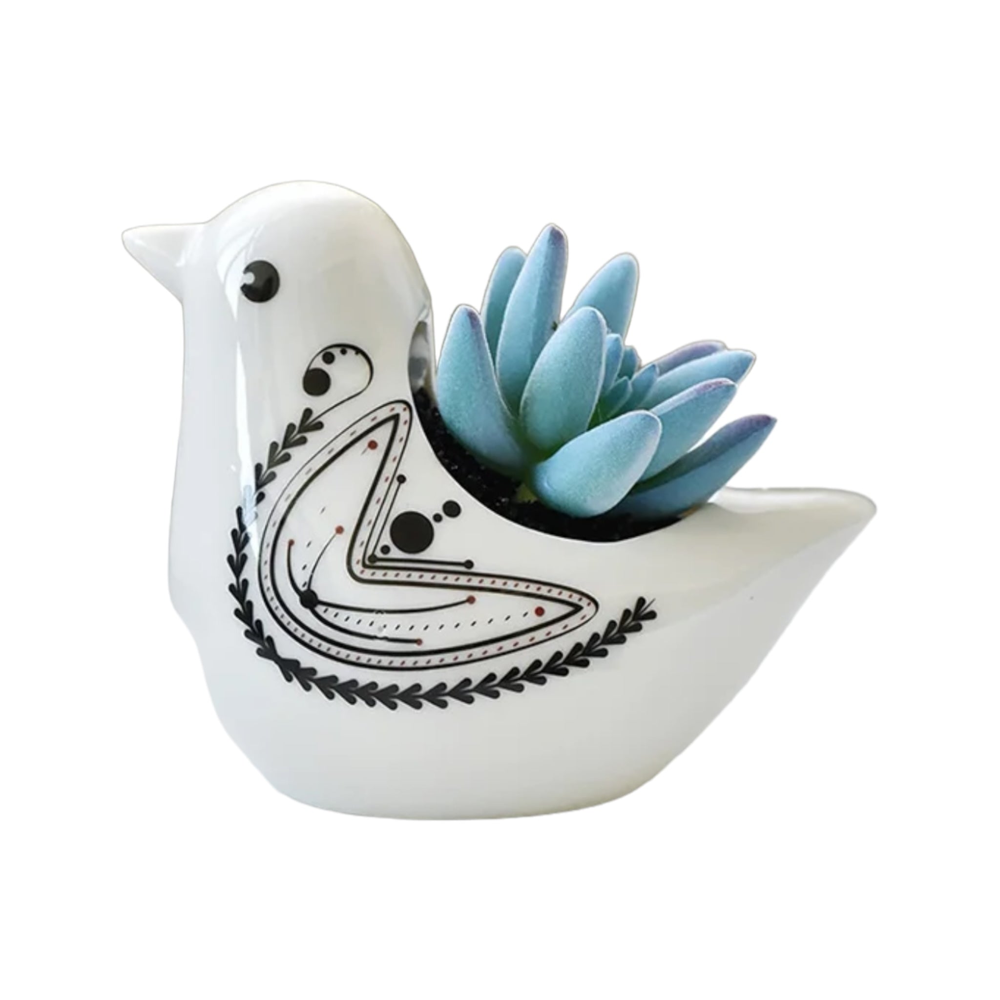 PLANTBIRDS – Blumentopf für Innenbereiche, Keramik, Weiß mit Tribal-Mustern, Ø 10 cm, Vogelform mit Drainageloch