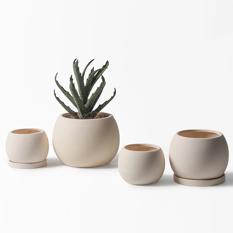 Keramik-Blumentopf, Kugelform, mit Untersetzer, dunkelgrau -KAKTOS