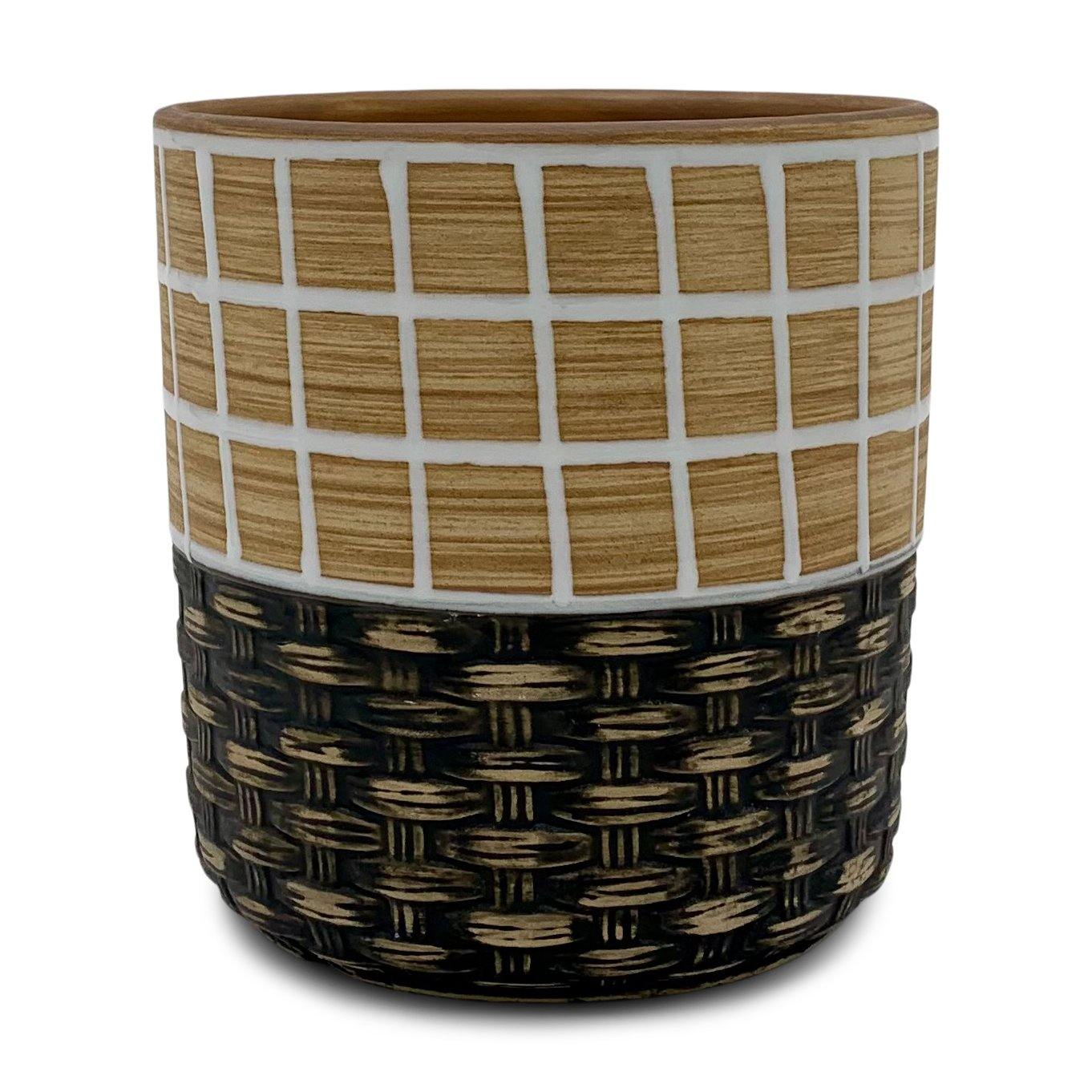 Blumentopf handbemalt Ø12cm, 13cm hoch, beige/braun, mit Loch -KAKTOS Pflanzgefäße & Zubehör