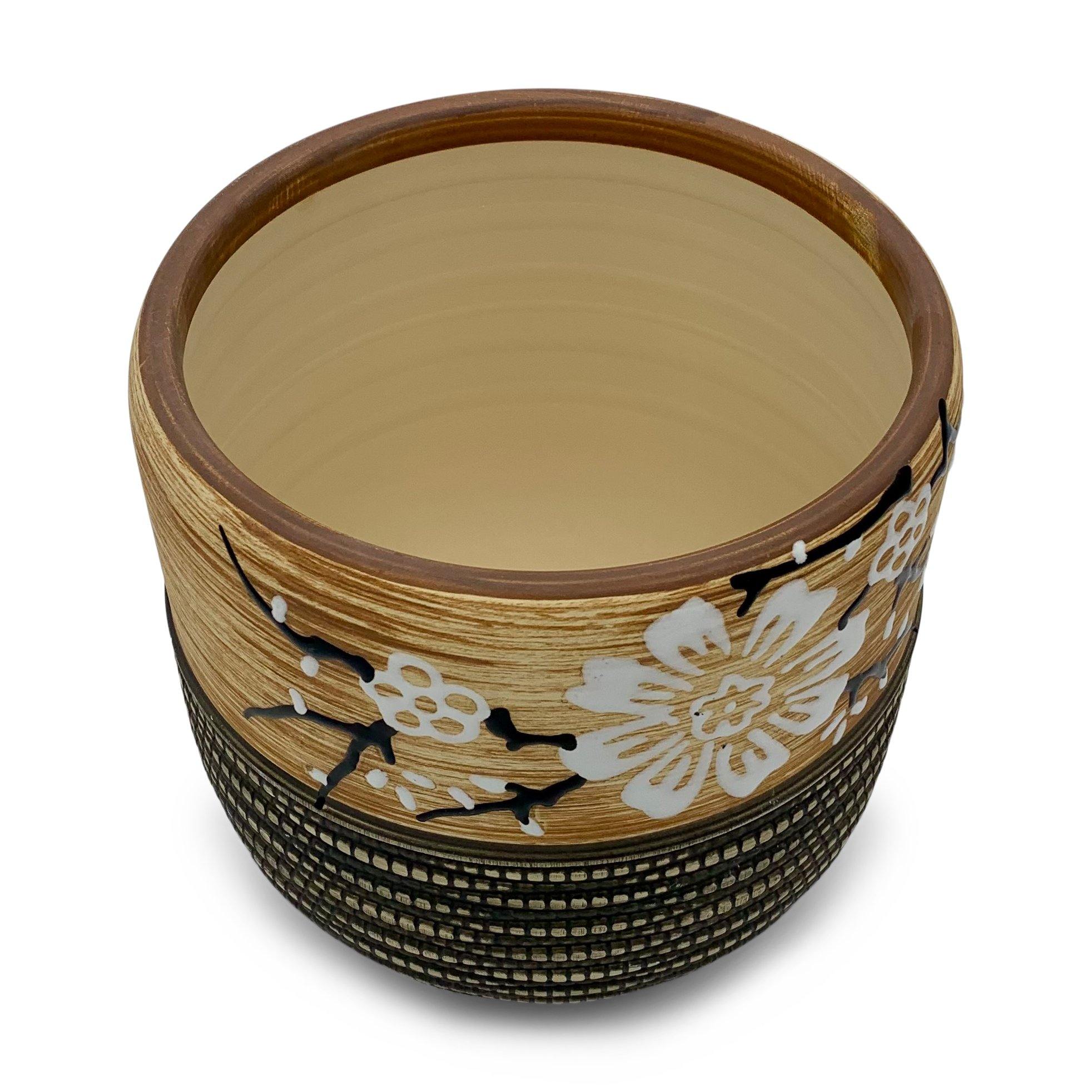 Blumentopf handbemalt, Ø17cm, 19cm hoch, florales Muster, beige/braun, mit Loch -KAKTOS Pflanzgefäße & Zubehör