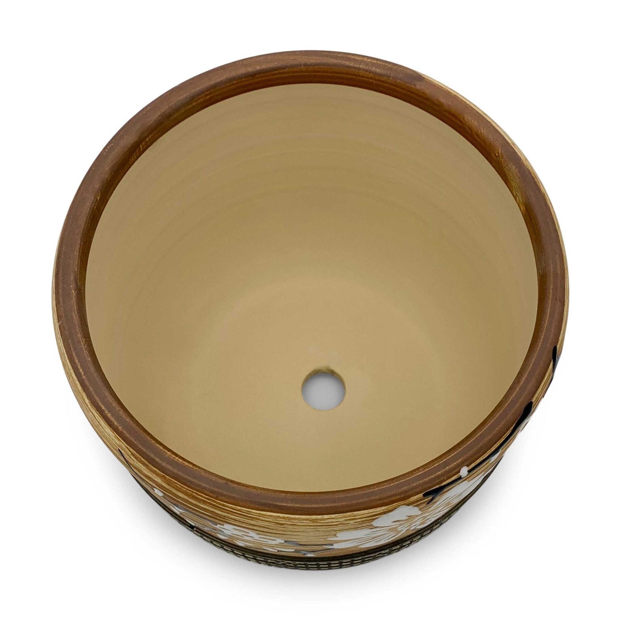 Blumentopf handbemalt, Ø17cm, 19cm hoch, florales Muster, beige/braun, mit Loch, -KAKTOS Pflanzgefäße & Zubehör