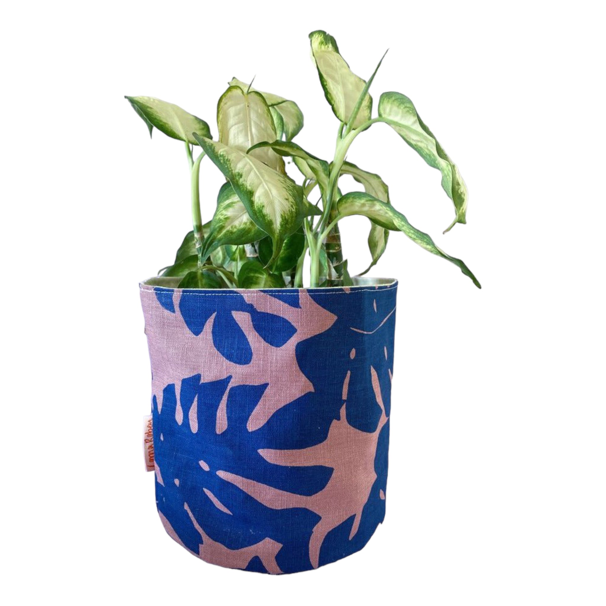 LORNA – Blumentopfhülle für Innenbereiche, Leinen & Baumwolle, Lavendelblau mit Blattdruck, Ø 12,5 cm, handbedruckt in Großbritannien