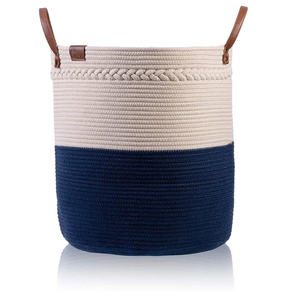 Großer Baumwollseil-Aufbewahrungsbehälter - beige/blau mit Ledergriffen, 45,7 x 40,6 cm -KAKTOS Pflanzen & Zubehör