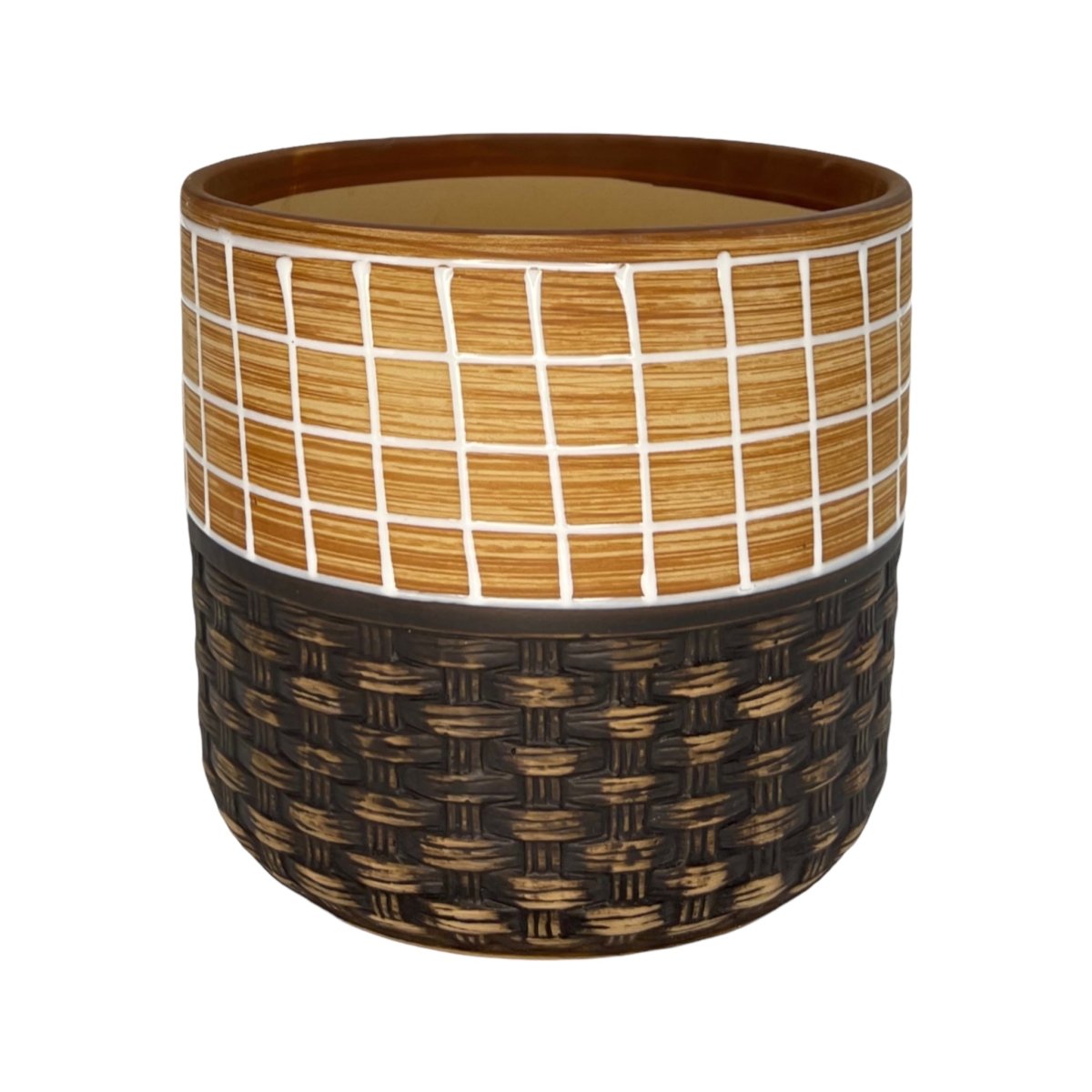 Blumentopf handbemalt, Ø17cm, 19cm hoch, linien, beige/braun, mit Loch -KAKTOS