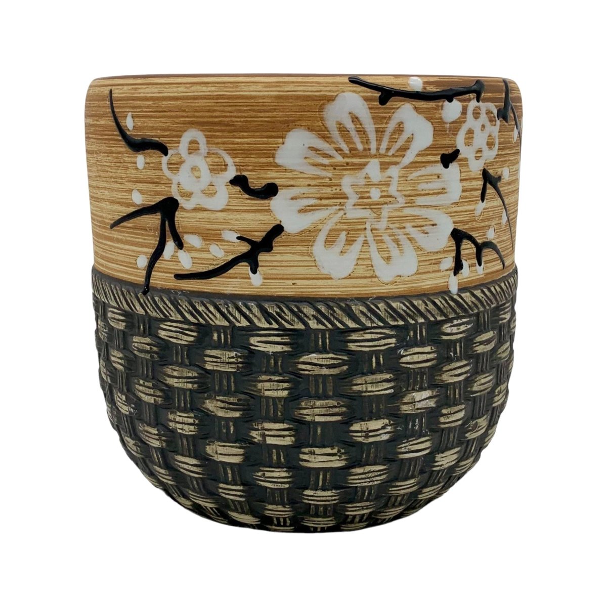 Blumentopf handbemalt, Ø17cm, 19cm hoch, florales Muster, beige/braun, mit Loch -KAKTOS