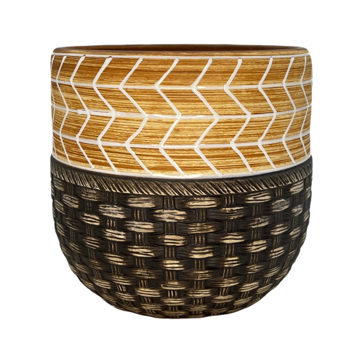 Blumentopf handbemalt, Ø17cm, 19cm hoch, zickzack, beige/braun, mit Loch -KAKTOS