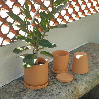DINIS – Blumentopf für Innen- und Außenbereiche, Ton, Terrakotta Natur, Ø 18 cm, handgefertigt mit Untersetzer