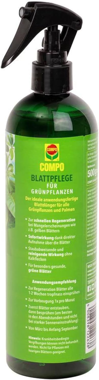 COMPO Blattpflege – Blattdünger für Grünpflanzen – Flüssig – Grün – 500 ml – Anwendungsfertiges Spray