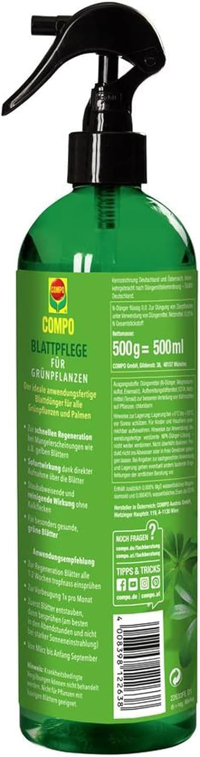 COMPO Blattpflege – Blattdünger für Grünpflanzen – Flüssig – Grün – 500 ml – Anwendungsfertiges Spray