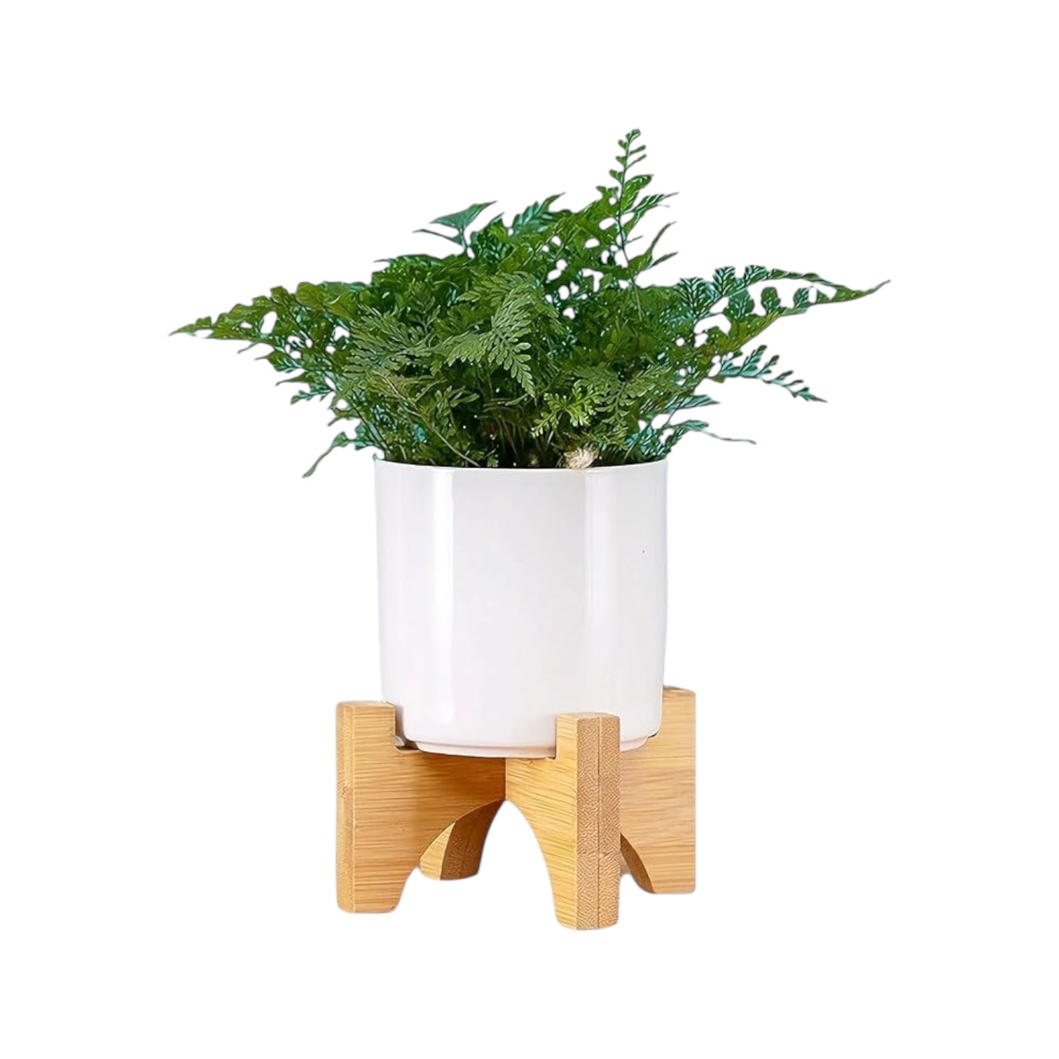 MALA – Blumentopf zylindrisch – Keramik – Weiß – Ø 9 cm – mit Bambusständer &amp; Drainageloch