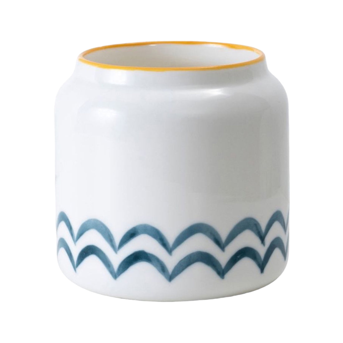 BROMMA – Blumentopf, Keramik, Weiß mit blauen Akzenten, Ø 7 cm, handbemalt mit Drainageloch