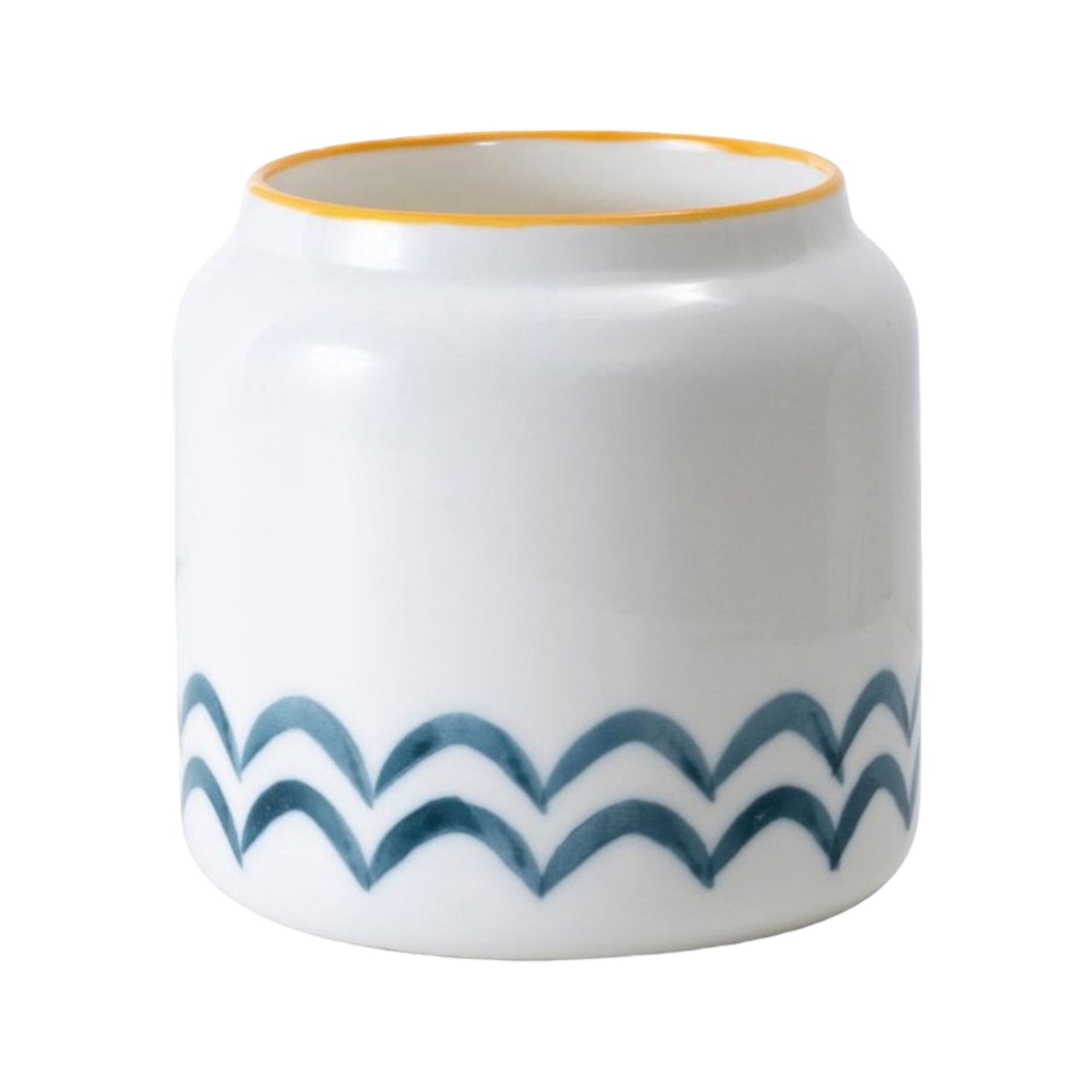 BROMMA – Blumentopf, Keramik, Weiß mit blauen Akzenten, Ø 7 cm, handbemalt mit Drainageloch