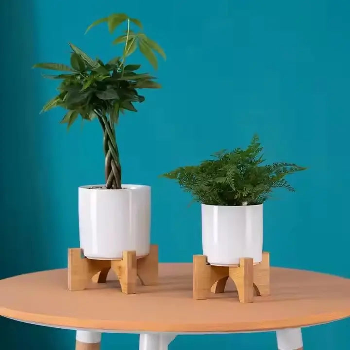 MALA – Blumentopf zylindrisch – Keramik – Weiß – Ø 9 cm – mit Bambusständer &amp; Drainageloch