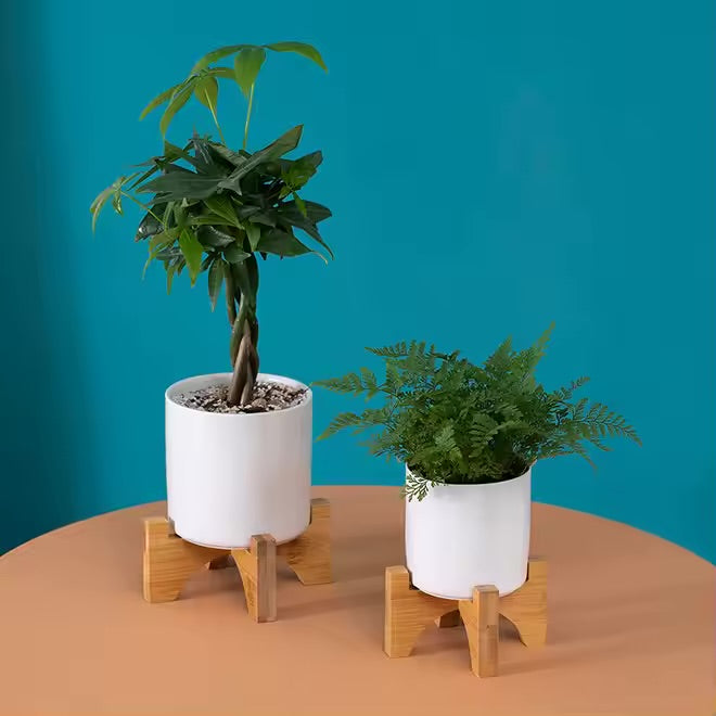 MALA – Blumentopf zylindrisch – Keramik – Weiß – Ø 9 cm – mit Bambusständer &amp; Drainageloch