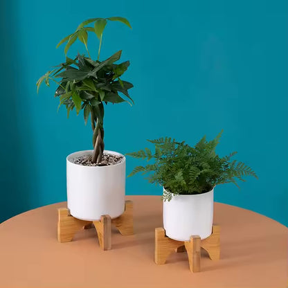 MALA – Blumentopf zylindrisch – Keramik – Weiß – Ø 9 cm – mit Bambusständer &amp; Drainageloch