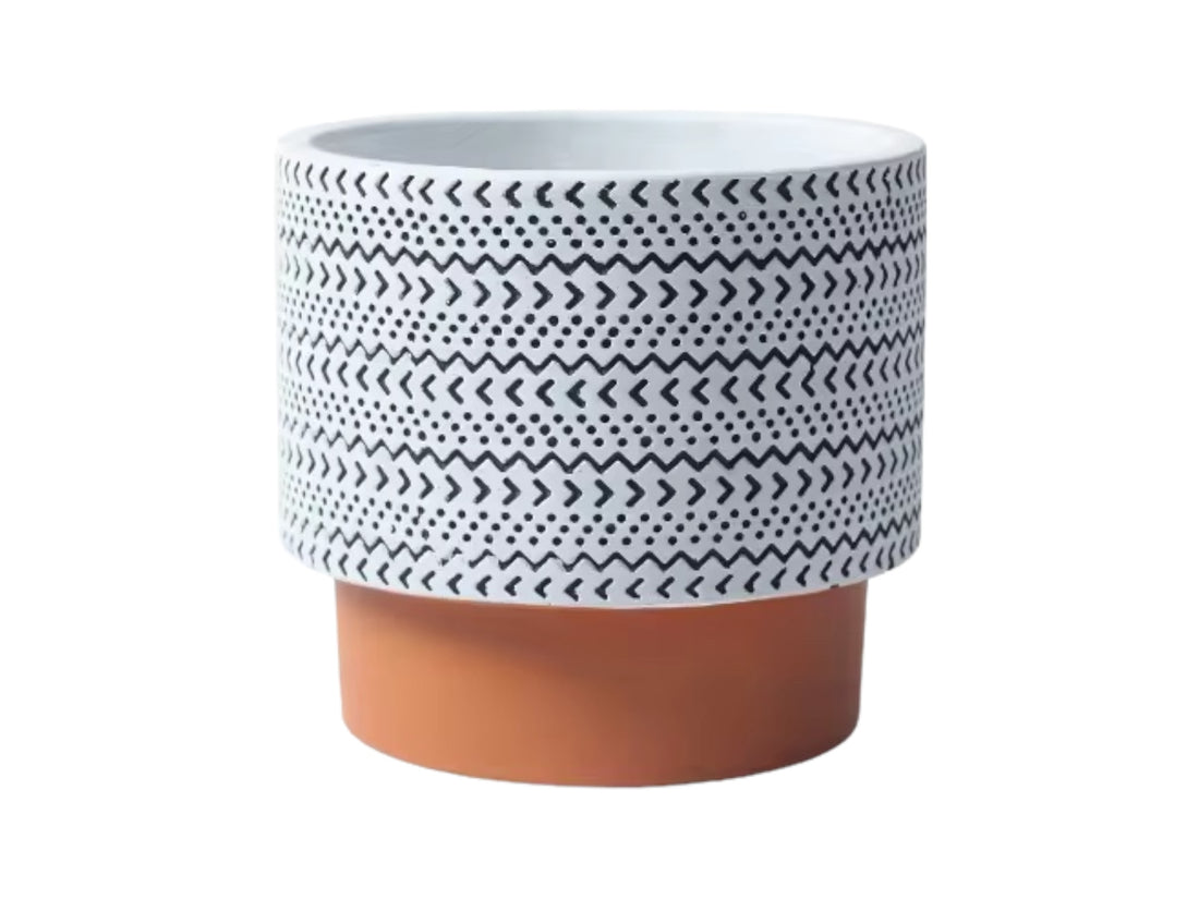 BOHO ZEN – Blumentopf für Innen- und Außenbereiche, Zement, Terracotta-Schwarz-Weiß, Ø 13,5 cm, handgefertigt