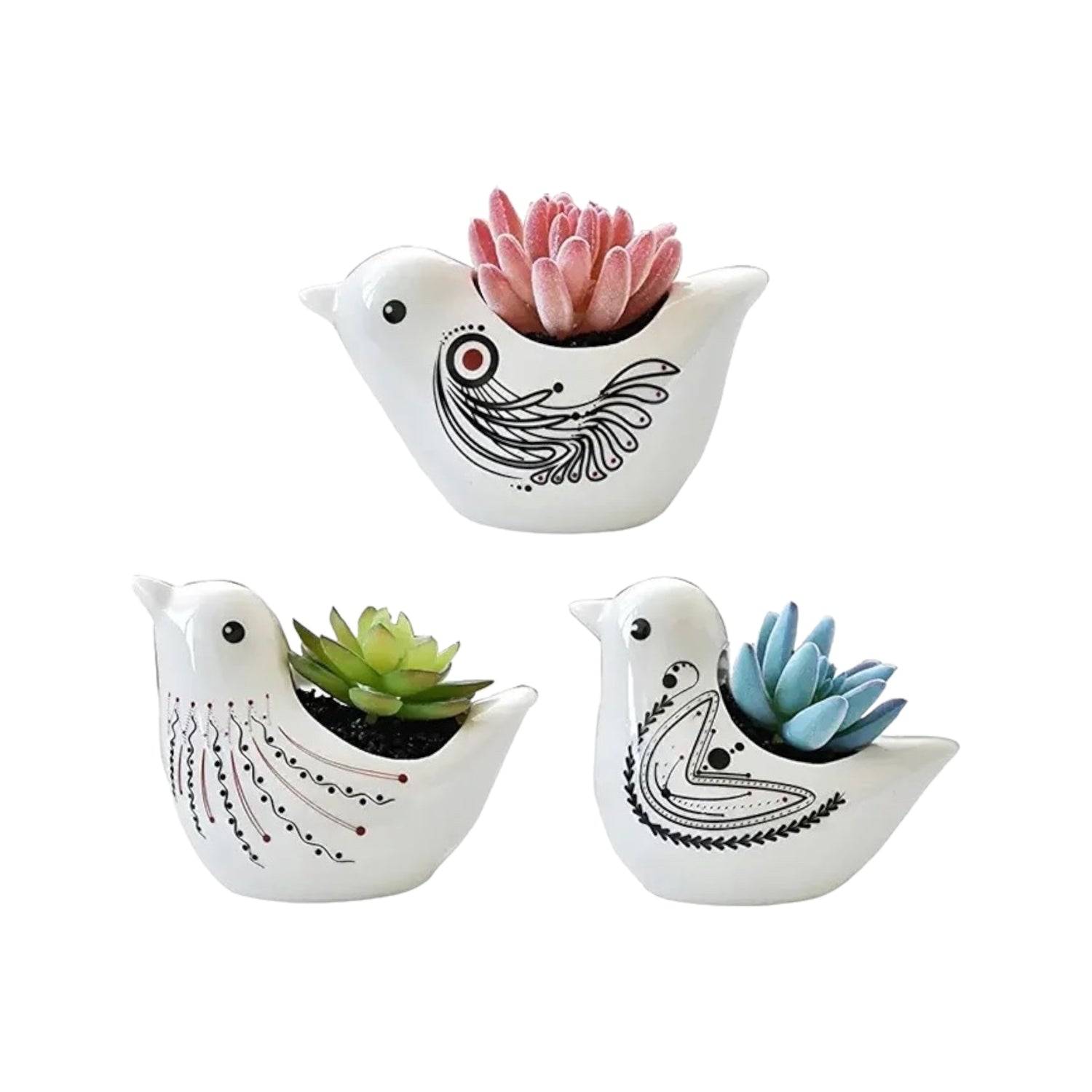 PLANTBIRDS – Blumentopf für Innenbereiche, Keramik, Weiß mit Tribal-Mustern, Ø 10 cm, Vogelform mit Drainageloch
