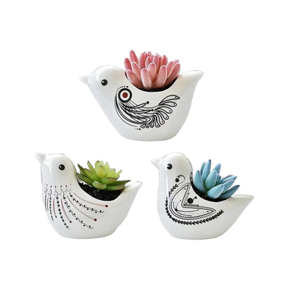 PLANTBIRDS – Blumentopf für Innenbereiche, Keramik, Weiß mit Tribal-Mustern, Ø 10 cm, Vogelform mit Drainageloch