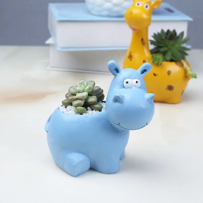 NILPFERD – Tierblumentopf für Innenbereiche, Kunstharz, Blau, Ø 8 cm, mit Drainageloch