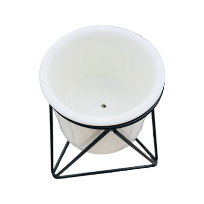 Weißer Übertopf mit schwarzem Hexagon-Ständer | Ø 11cm -KAKTOS