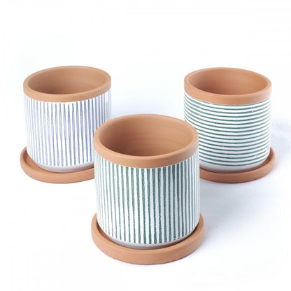 Casa Atlântica Roter Übertopf (Ø 13cm) mit Untersetzer, vertikal gestreift, handgefertigt -KAKTOS