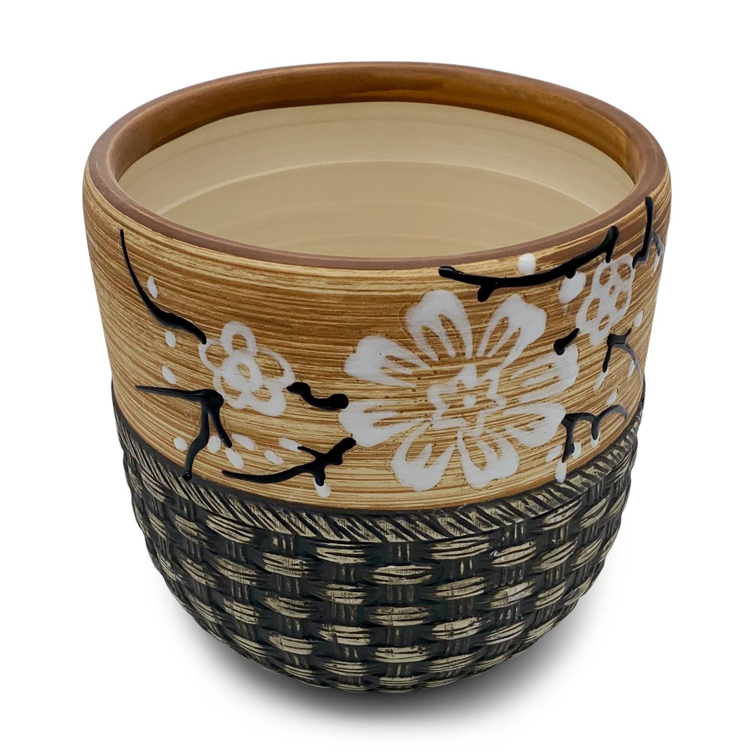 Blumentopf handbemalt, Ø17cm, 19cm hoch, florales Muster, beige/braun, mit Loch -KAKTOS Pflanzgefäße &amp; Zubehör