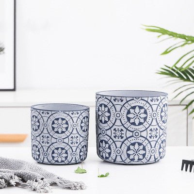 Blumentopf mit nordischem Mustern aus Beton, Ø11cm, blau/grau mit Loch -KAKTOS Pflanzgefäße &amp; Zubehör