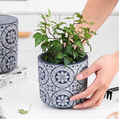 Blumentopf mit nordischem Mustern aus Beton, Ø11cm, blau/grau mit Loch -KAKTOS Pflanzgefäße &amp; Zubehör