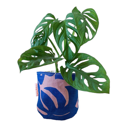 LORNA – Blumentopfhülle für Innenbereiche, Leinen &amp; Baumwolle, Lavendelblau mit Blattdruck, Ø 12,5 cm, handbedruckt in Großbritannien