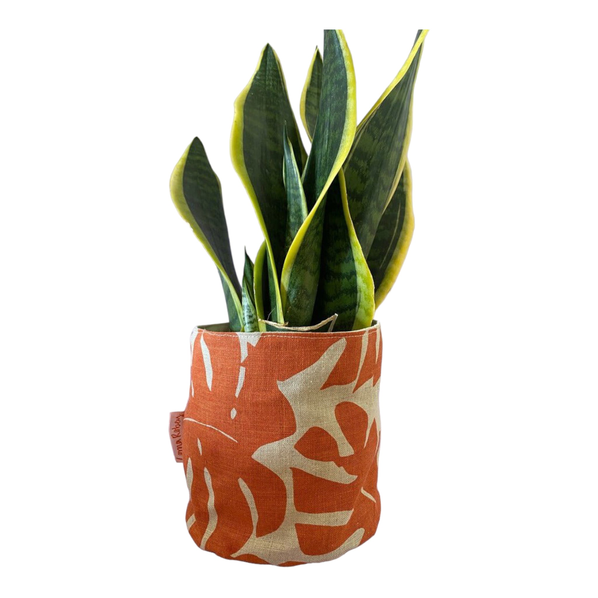 LORNA – Blumentopfhülle für Innenbereiche, Leinen &amp; Baumwolle, Orange mit Blattdruck, Ø 12,5 cm, handbedruckt in Großbritannien
