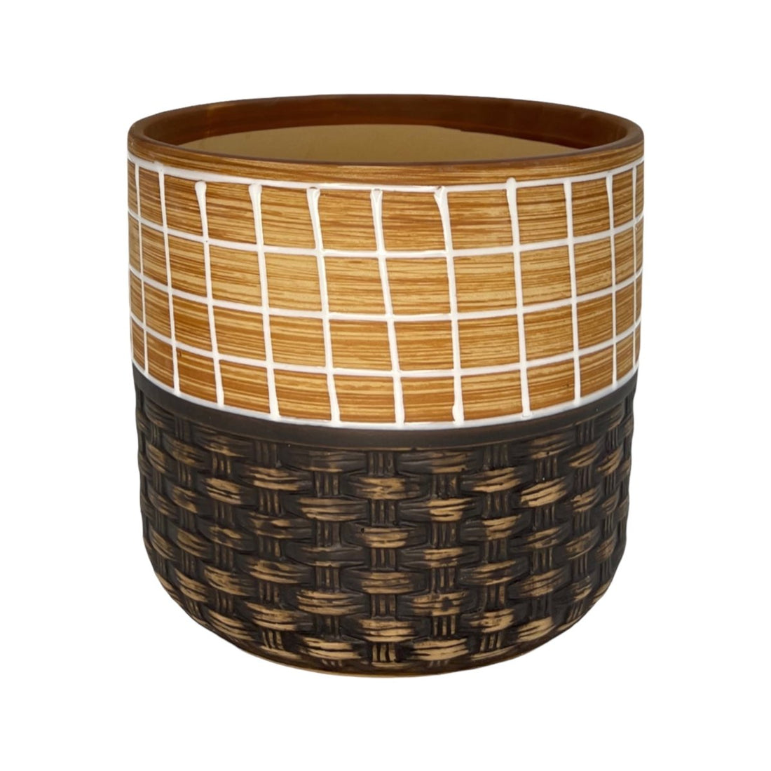 Blumentopf handbemalt, Ø17cm, 19cm hoch, linien, beige/braun, mit Loch -KAKTOS