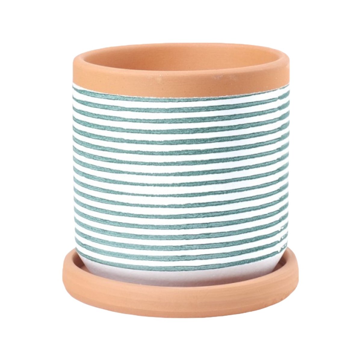 Grüner Übertopf mit Untertasse, horizontal gestreift, handgefertigt, Kollektion Lama -KAKTOS