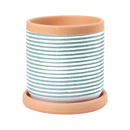 Grüner Übertopf mit Untertasse, horizontal gestreift, handgefertigt, Kollektion Lama -KAKTOS