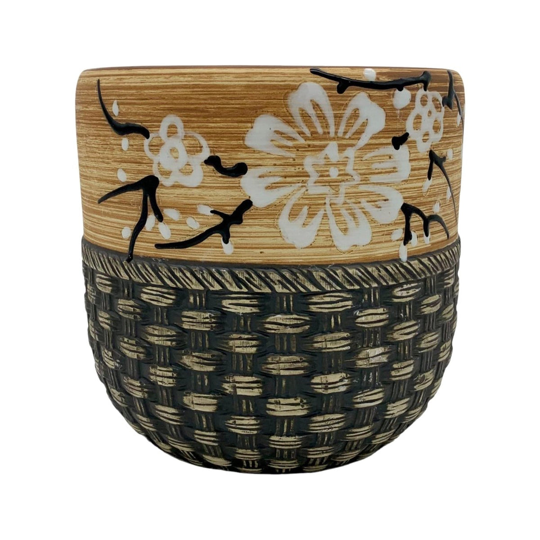 Blumentopf handbemalt, Ø17cm, 19cm hoch, florales Muster, beige/braun, mit Loch -KAKTOS