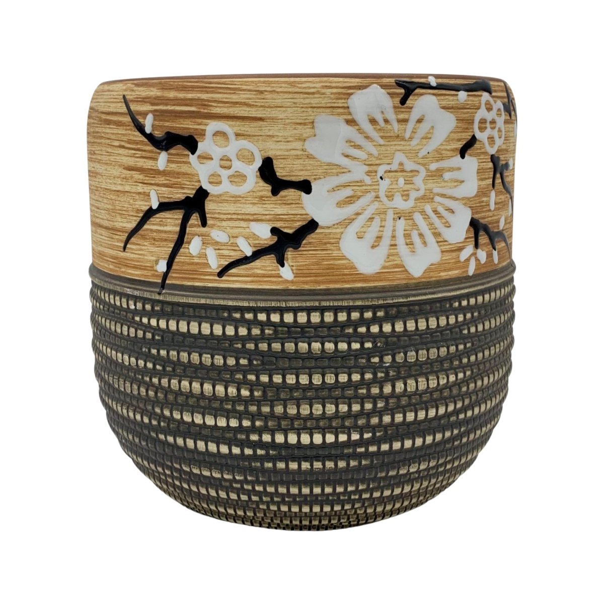 Blumentopf handbemalt, Ø17cm, 19cm hoch, florales Muster, beige/braun, mit Loch, -KAKTOS