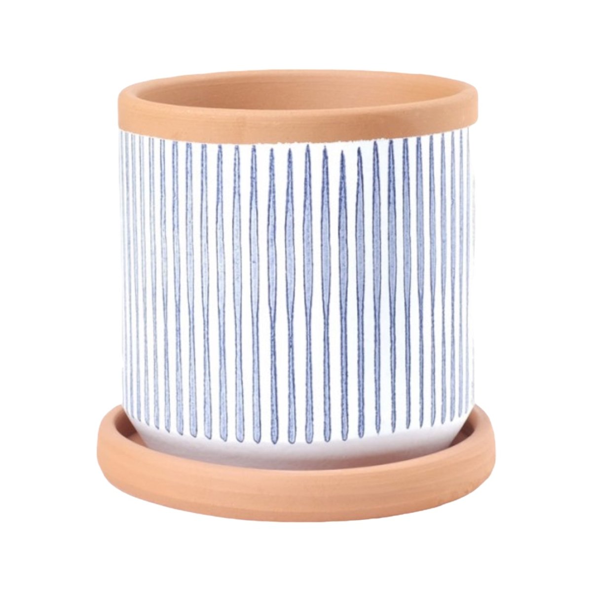 Blauer Übertopf mit Untertasse, vertikal gestreift, handgefertigt, Kollektion Lama -KAKTOS