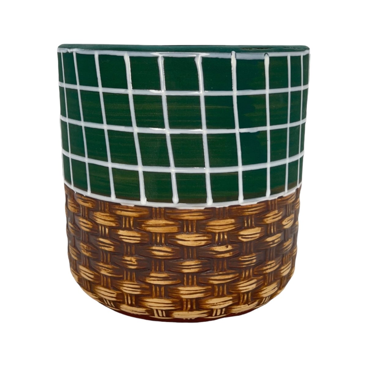 Blumentopf handbemalt, Ø12cm, 13cm hoch, linien, grün/braun, mit Loch -KAKTOS