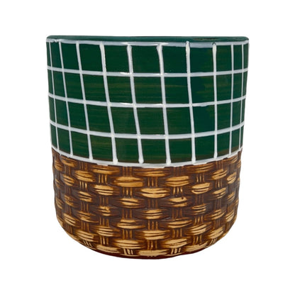 Blumentopf handbemalt, Ø12cm, 13cm hoch, linien, grün/braun, mit Loch -KAKTOS