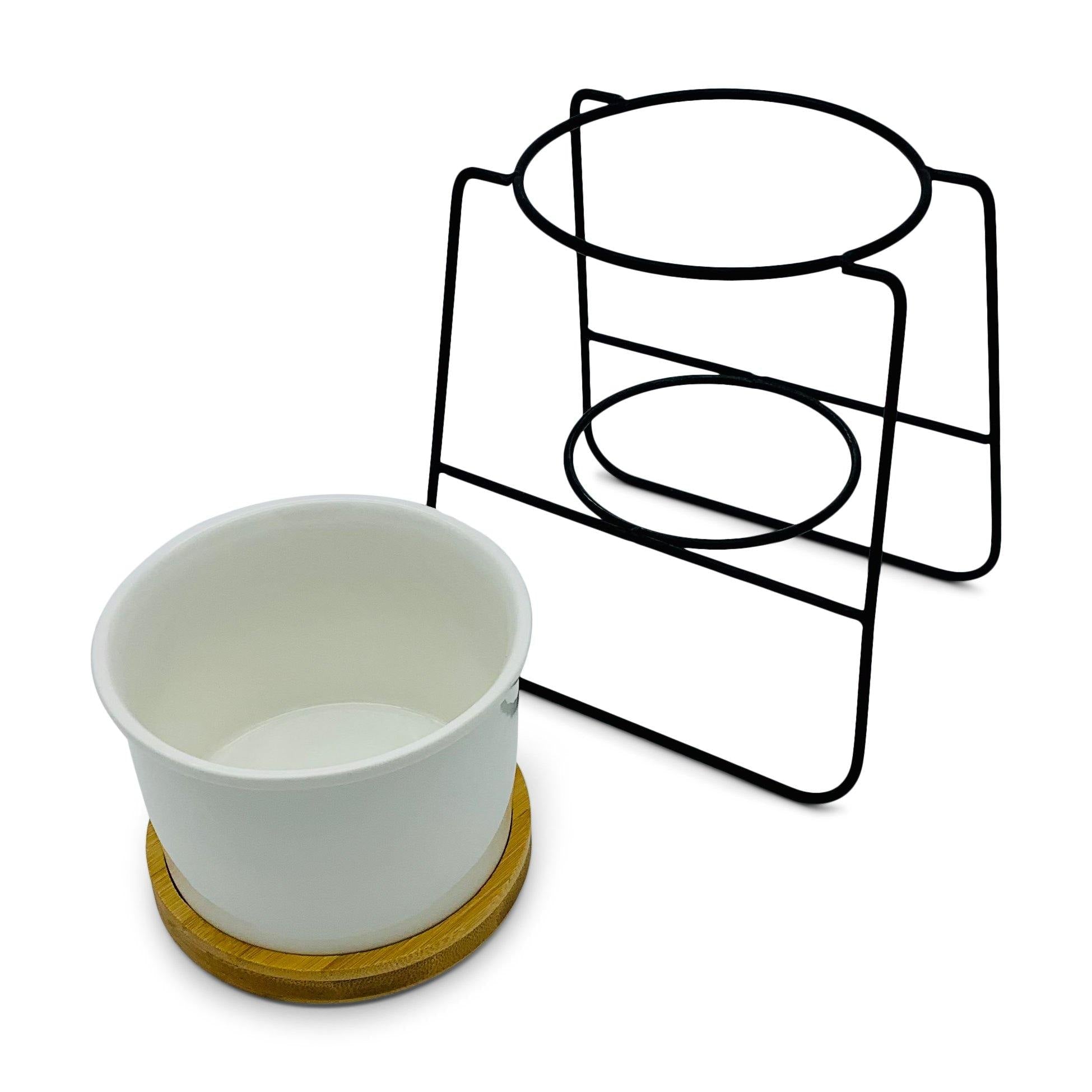 Oslo - Weißer Übertopf, Ø 11cm mit schwarzem Metallgestell und Bambusuntersetzer -KAKTOS Pflanzen &amp; Zubehör