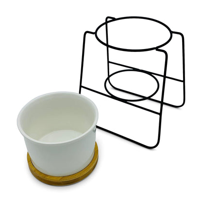 Oslo - Weißer Übertopf, Ø 11cm mit schwarzem Metallgestell und Bambusuntersetzer -KAKTOS Pflanzen &amp; Zubehör