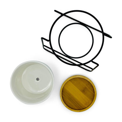 Oslo - Weißer Übertopf, Ø 11cm mit schwarzem Metallgestell und Bambusuntersetzer -KAKTOS Pflanzen &amp; Zubehör