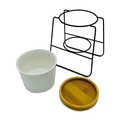 Oslo - Weißer Übertopf, Ø 11cm mit schwarzem Metallgestell und Bambusuntersetzer -KAKTOS Pflanzen &amp; Zubehör